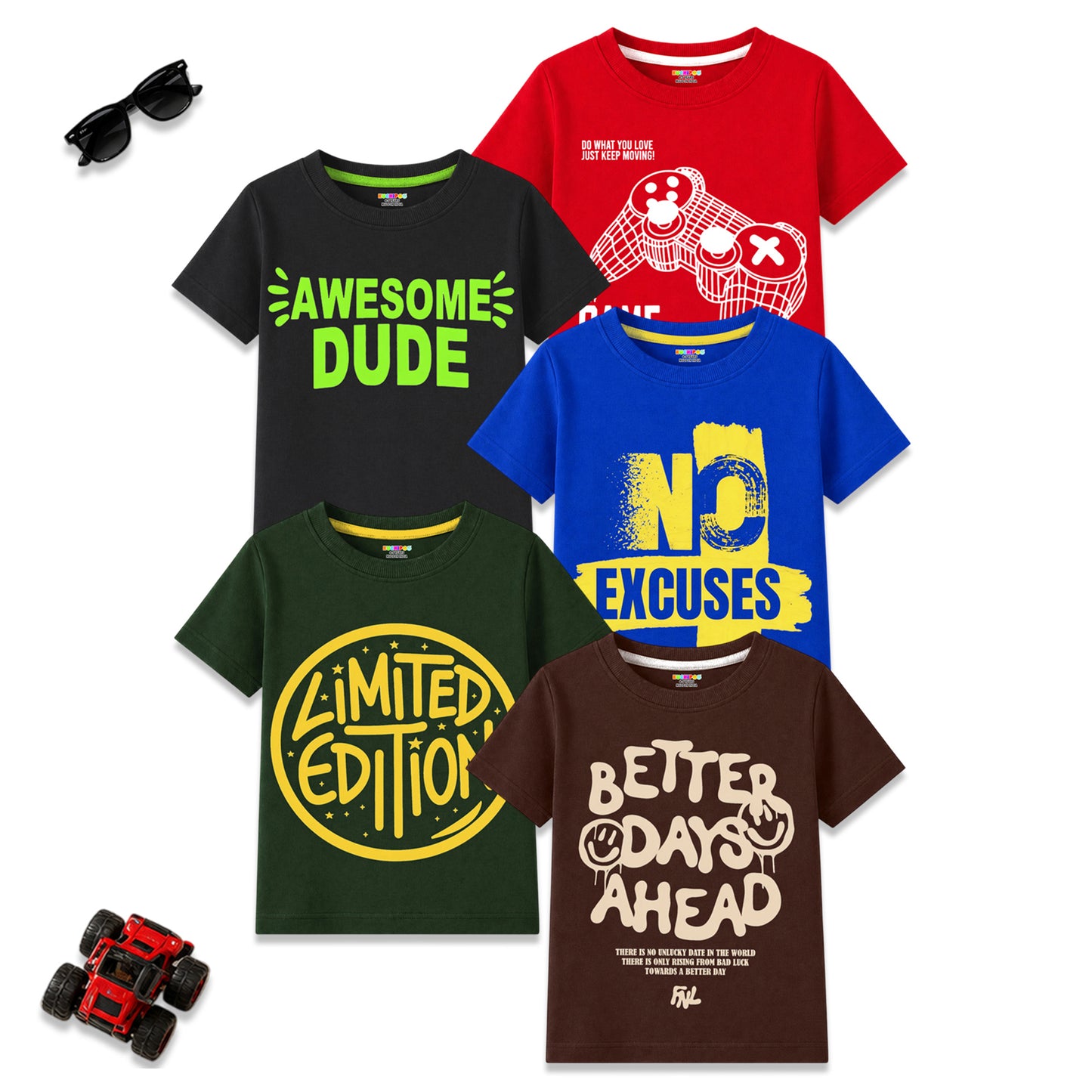 Kuchipoo Boys Cotton Printed T-Shirts | Half Sleeve Round Neck | Soft & Comfortable Casual Wear for Kids | Pack of 5