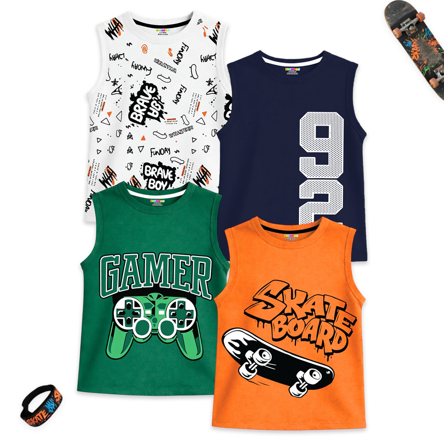 Kuchipoo Boys Sleeveless Cotton Tshirts | Printed Round Neck Kids Tshirts for Summer Wear | Pack of 4
