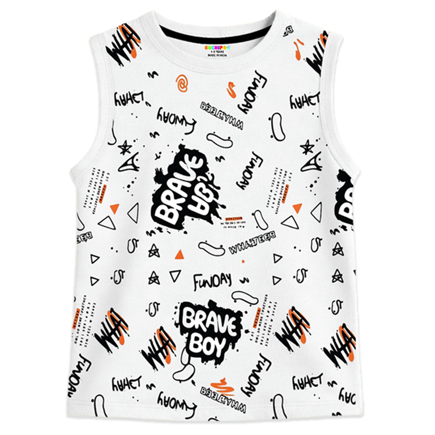 Kuchipoo Boys Sleeveless Cotton Tshirts | Printed Round Neck Kids Tshirts for Summer Wear | Pack of 4