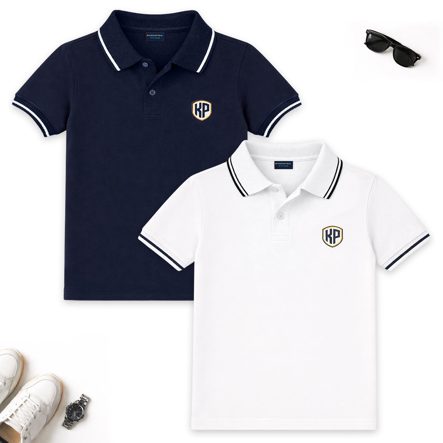 Kuchipoo Boys 100% Cotton Polo T-Shirts | Half Sleeve Collared Neck | Soft & Comfortable Casual Wear for Kids | Pack of 2