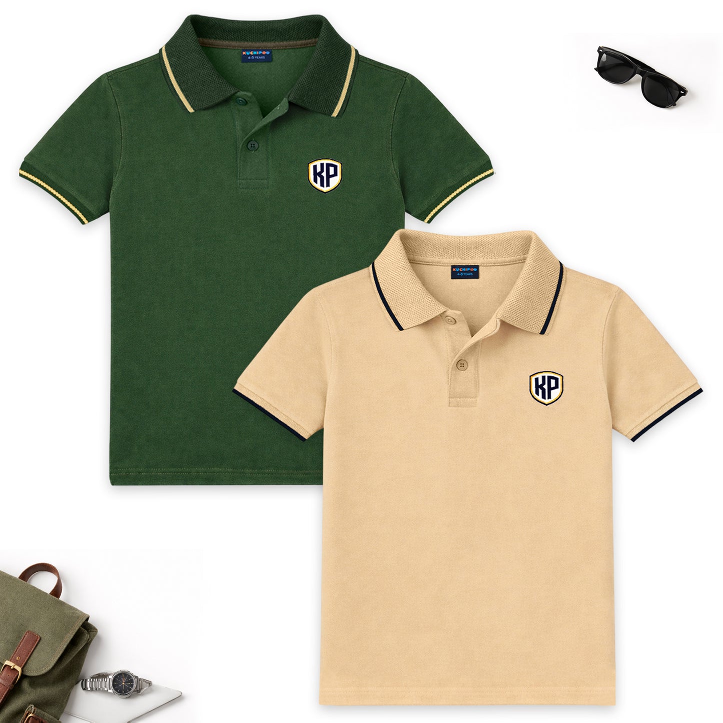 Kuchipoo Boys 100% Cotton Polo T-Shirts | Half Sleeve Collared Neck | Soft & Comfortable Casual Wear for Kids | Pack of 2