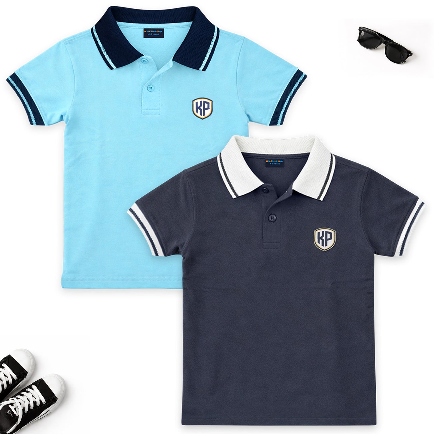 Kuchipoo Boys 100% Cotton Polo T-Shirts | Half Sleeve Collared Neck | Soft & Comfortable Casual Wear for Kids | Pack of 2