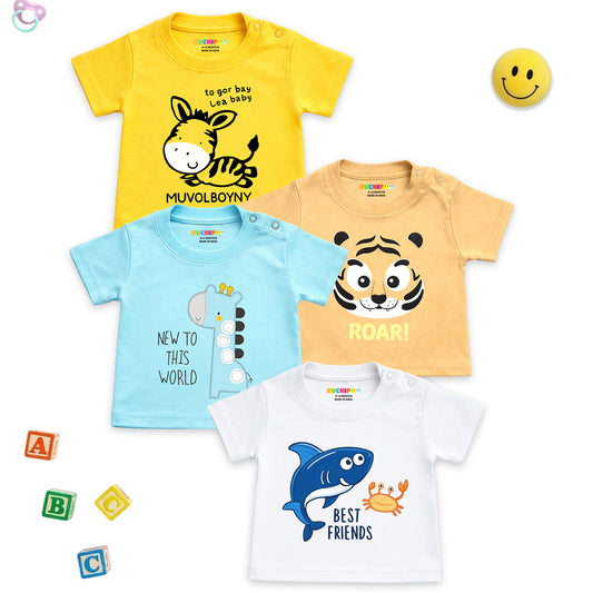 Kuchipoo 100% Cotton Baby Boys & Girls Printed T-Shirt Combo | Soft & Breathable Half Sleeve Tee | Cute Animal Graphics | Pack of 4