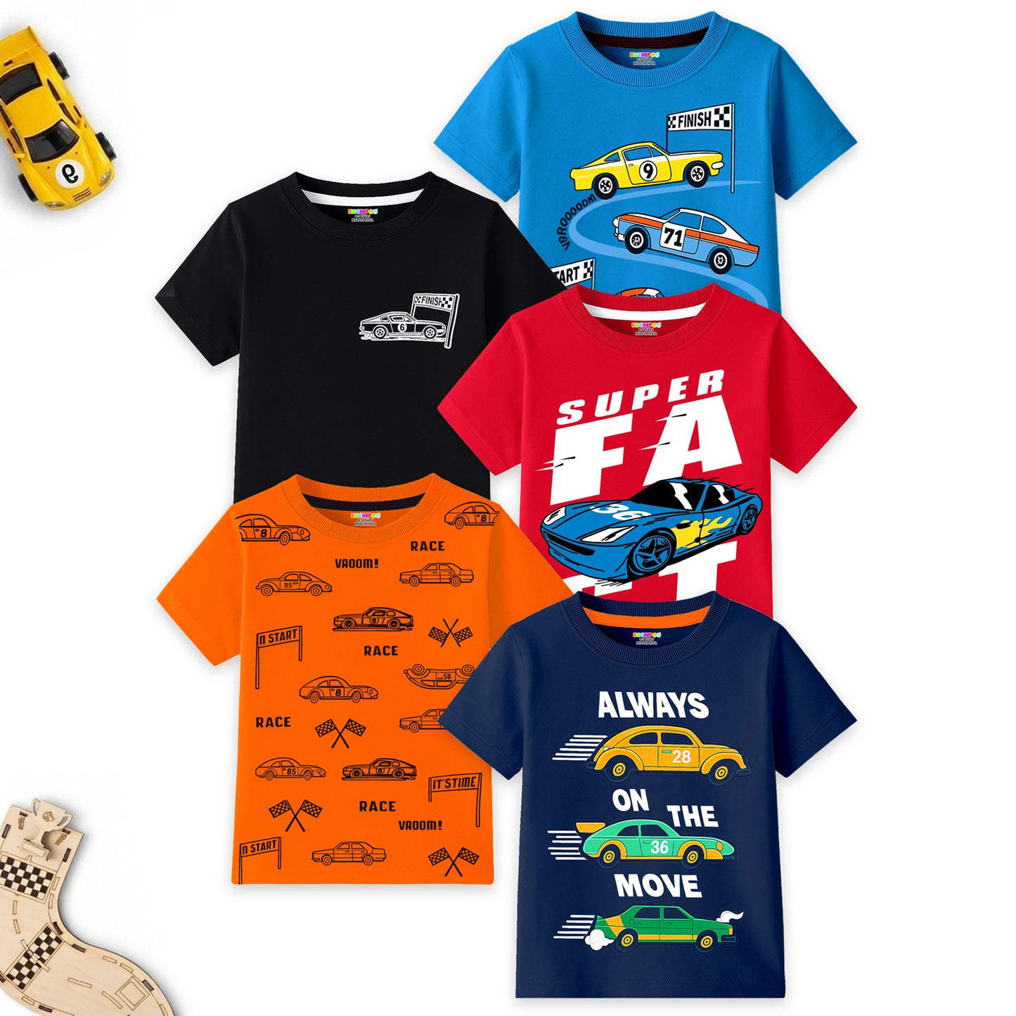Kuchipoo Boys Cotton Printed T-Shirts | Half Sleeve Round Neck | Soft & Comfortable Casual Wear for Kids | Pack of 5