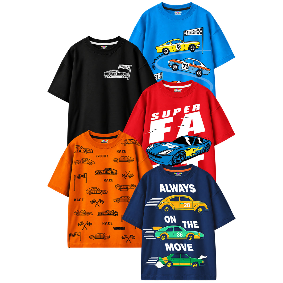 Kuchipoo Boys Cotton Printed T-Shirts | Half Sleeve Round Neck | Soft & Comfortable Casual Wear for Kids | Pack of 5