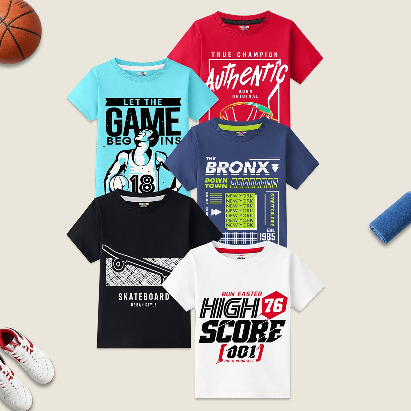 Kuchipoo Boys Cotton Printed T-Shirts | Half Sleeve Round Neck | Soft & Comfortable Casual Wear for Kids | Pack of 5