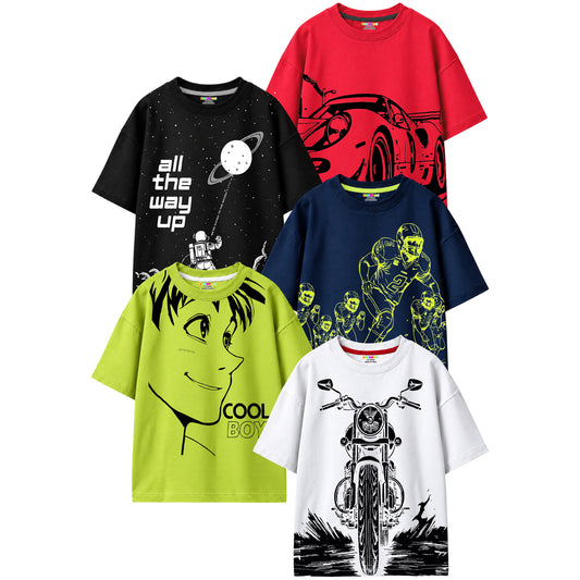 Kuchipoo Boys Cotton Printed T-Shirts | Half Sleeve Round Neck | Soft & Comfortable Casual Wear for Kids | Pack of 5