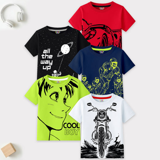 Kuchipoo Boys Cotton Printed T-Shirts | Half Sleeve Round Neck | Soft & Comfortable Casual Wear for Kids | Pack of 5
