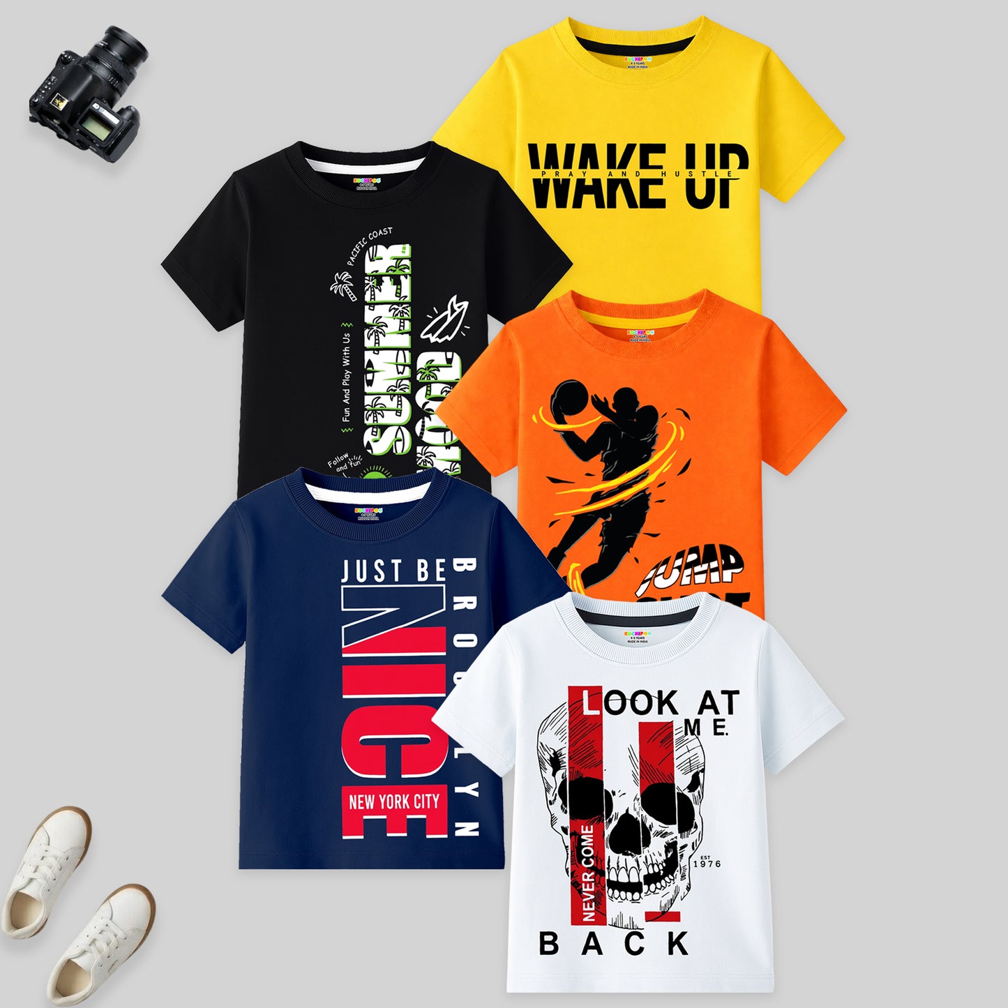 Kuchipoo Boys Cotton Printed T-Shirts | Half Sleeve Round Neck | Soft & Comfortable Casual Wear for Kids | Pack of 5