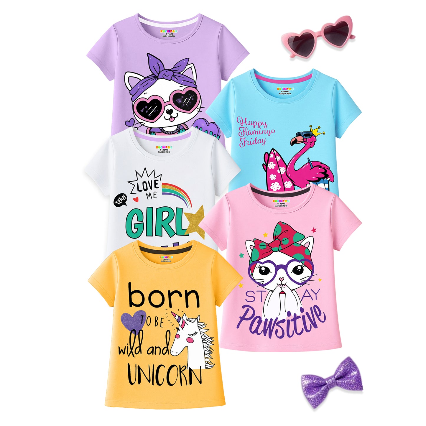 Kuchipoo Girls Cotton Printed T-Shirts | Half Sleeve Round Neck | Soft & Comfortable Casual Wear for Kids | Pack of 5