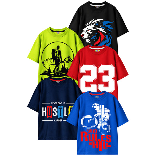 Kuchipoo Boys Cotton Printed T-Shirts | Half Sleeve Round Neck | Soft & Comfortable Casual Wear for Kids | Pack of 5