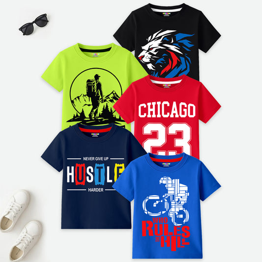 Kuchipoo Boys Cotton Printed T-Shirts | Half Sleeve Round Neck | Soft & Comfortable Casual Wear for Kids | Pack of 5