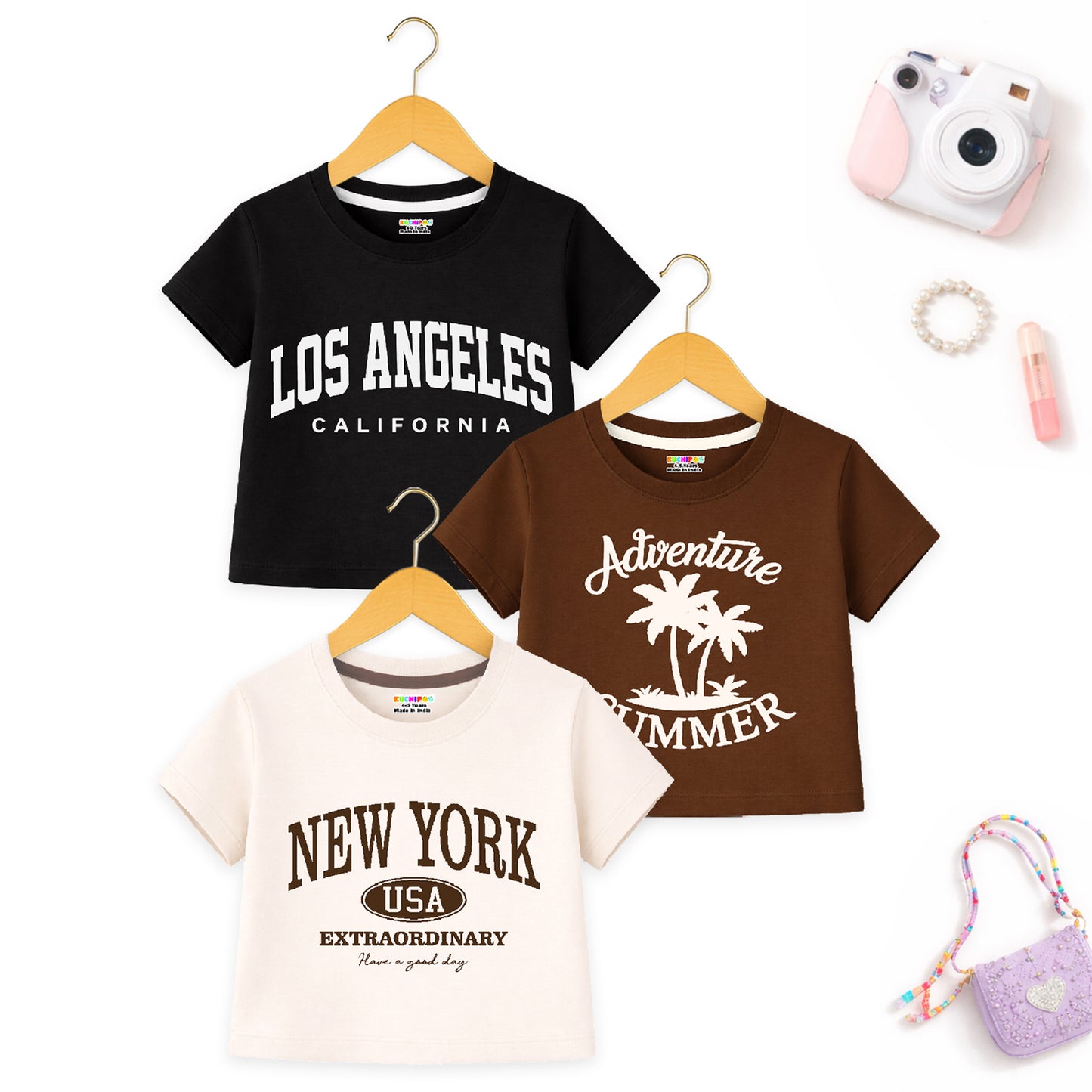 Kuchipoo Girls Crop Top Cotton T-Shirt - Pack of 3