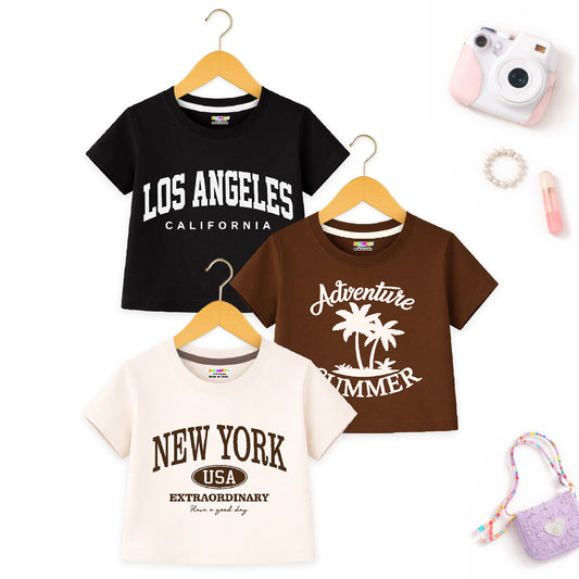 Kuchipoo Girls Crop Top Cotton T-Shirt - Pack of 3