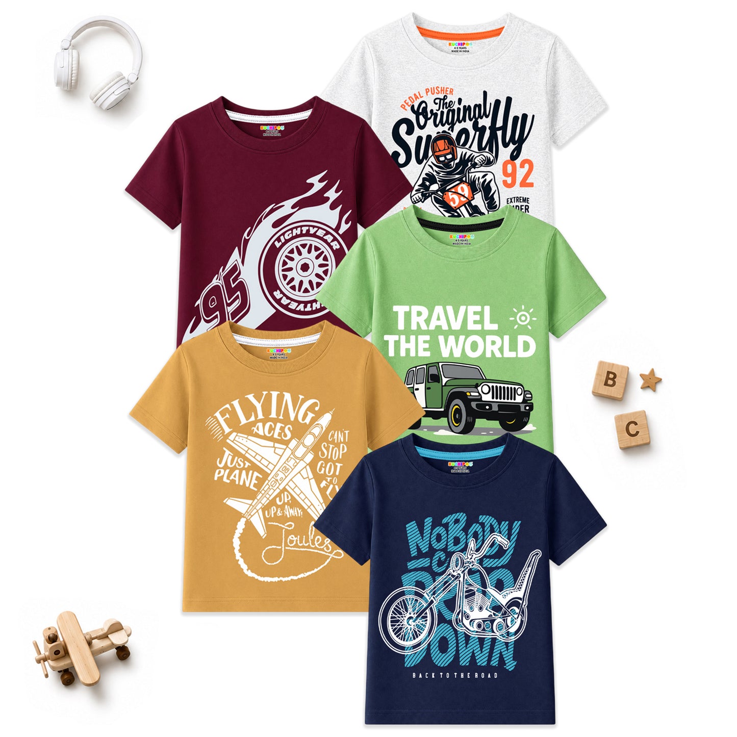 Kuchipoo Boys Cotton Printed T-Shirts | Half Sleeve Round Neck | Soft & Comfortable Casual Wear for Kids | Pack of 5