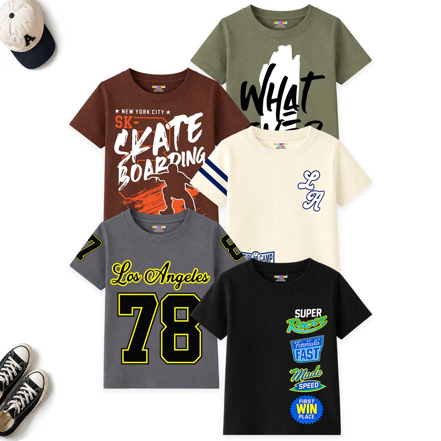 Kuchipoo Boys Cotton Printed T-Shirts | Half Sleeve Round Neck | Soft & Comfortable Casual Wear for Kids | Pack of 5