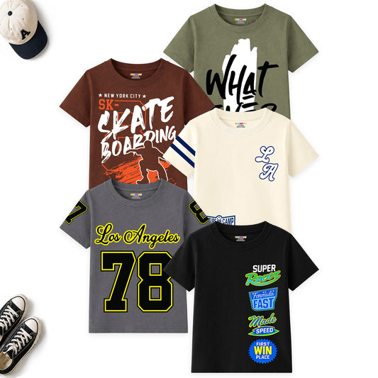 Kuchipoo Boys Cotton Printed T-Shirts | Half Sleeve Round Neck | Soft & Comfortable Casual Wear for Kids | Pack of 5