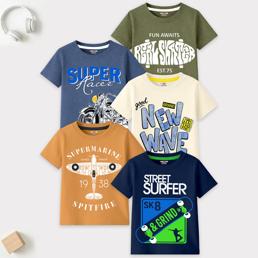 Kuchipoo Boys Cotton Printed T-Shirts | Half Sleeve Round Neck | Soft & Comfortable Casual Wear for Kids | Pack of 5