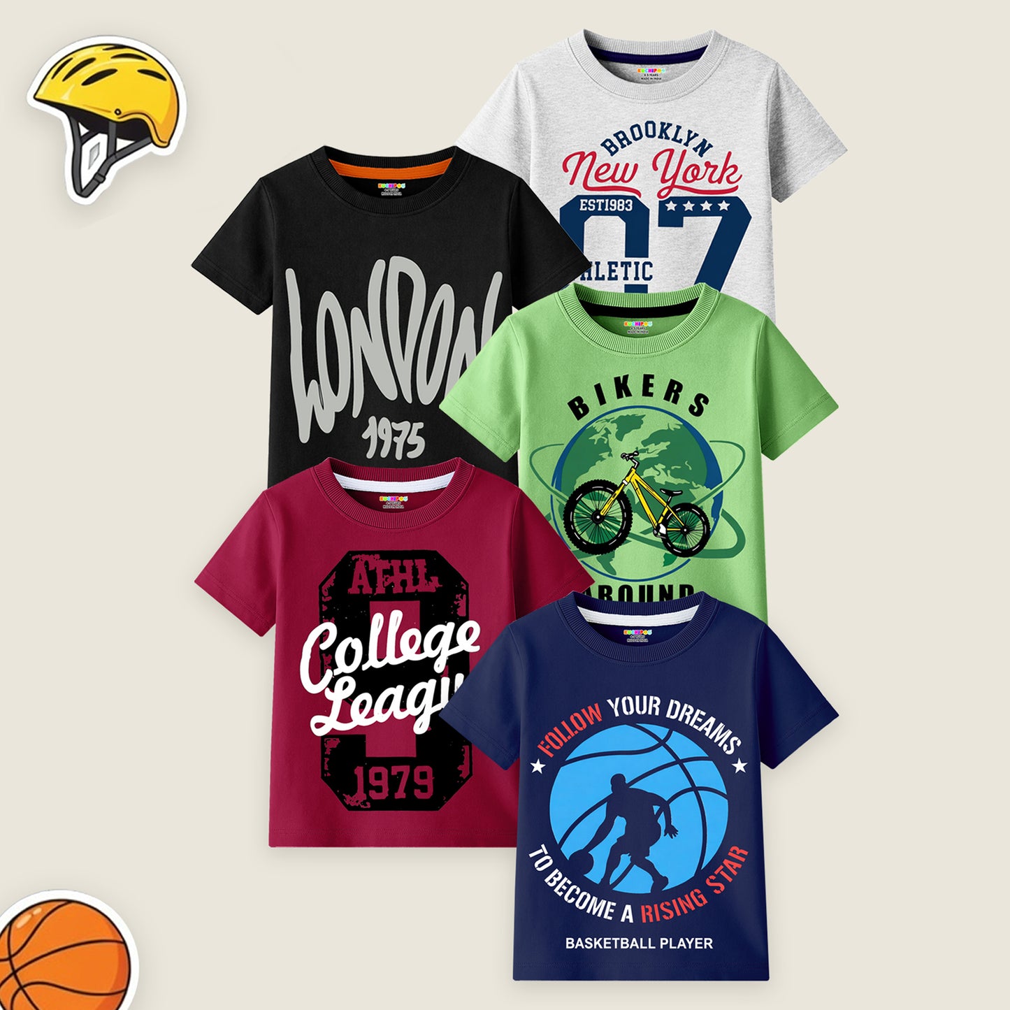Kuchipoo Boys Cotton Printed T-Shirts | Half Sleeve Round Neck | Soft & Comfortable Casual Wear for Kids | Pack of 5