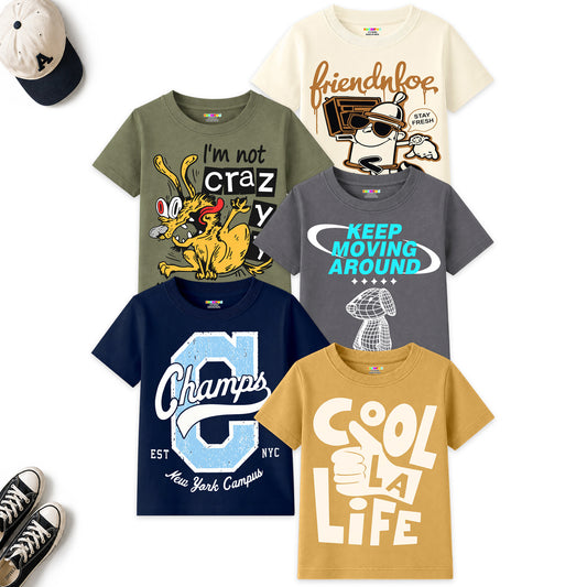 Kuchipoo Boys Cotton Printed T-Shirts | Half Sleeve Round Neck | Soft & Comfortable Casual Wear for Kids | Pack of 5