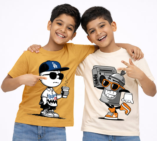 Kuchipoo Boys Cotton Printed T-Shirts | Half Sleeve Round Neck | Soft & Comfortable Casual Wear for Kids | Pack of 2
