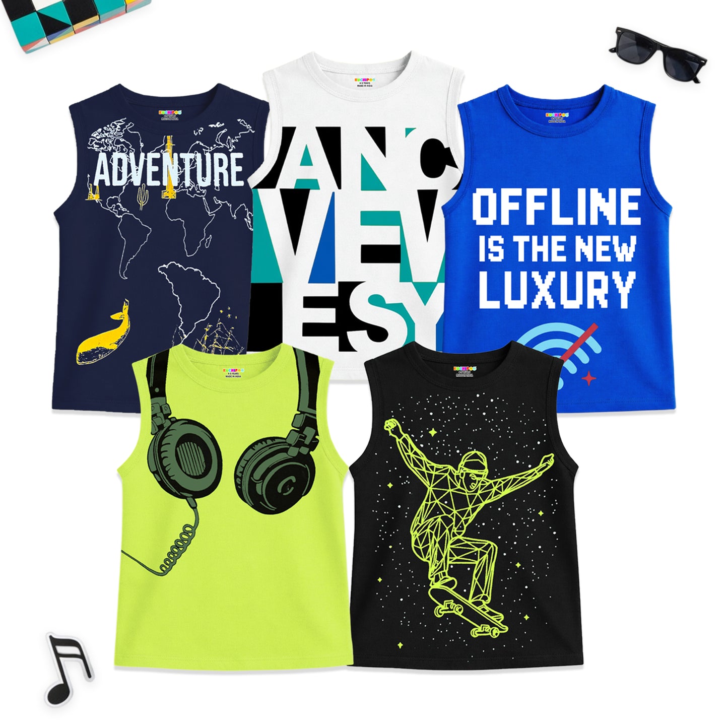 Kuchipoo Boys Sleeveless Cotton T-Shirt | Cute Graphic Print | Soft & Breathable Fabric | Round Neck Summer Top | Casual for Kids | Pack of 5