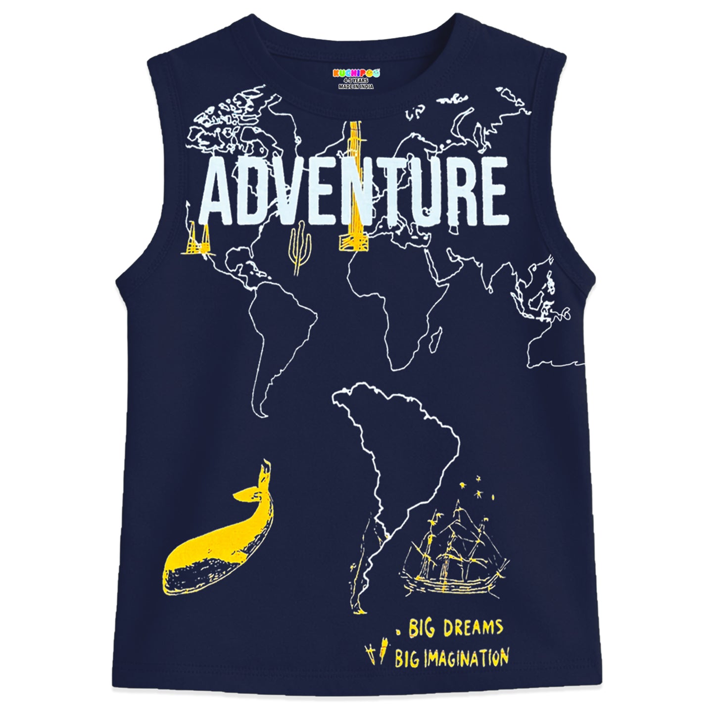 Kuchipoo Boys Sleeveless Cotton T-Shirt | Cute Graphic Print | Soft & Breathable Fabric | Round Neck Summer Top | Casual for Kids | Pack of 5