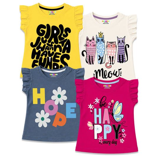 Kuchipoo Girls Cotton Printed Frill Sleeve T-Shirts Combo Pack | Casual Graphic Summer Tops for Girls | Pack of 4