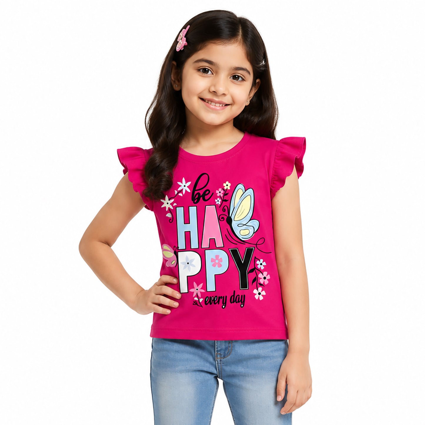 Kuchipoo Girls Cotton Printed Frill Sleeve T-Shirts Combo Pack | Casual Graphic Summer Tops for Girls | Pack of 4