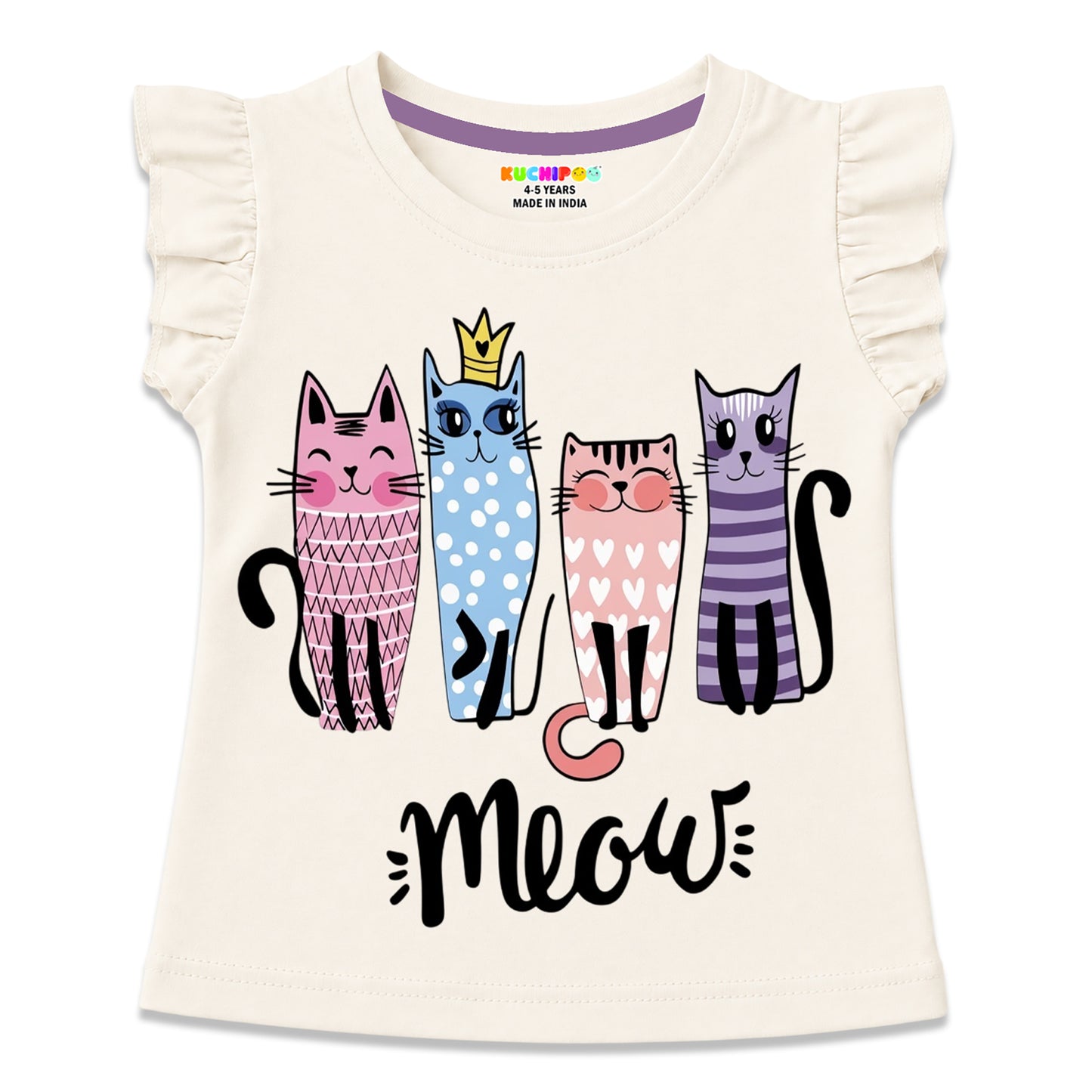 Kuchipoo Girls Cotton Printed Frill Sleeve T-Shirts Combo Pack | Casual Graphic Summer Tops for Girls | Pack of 4