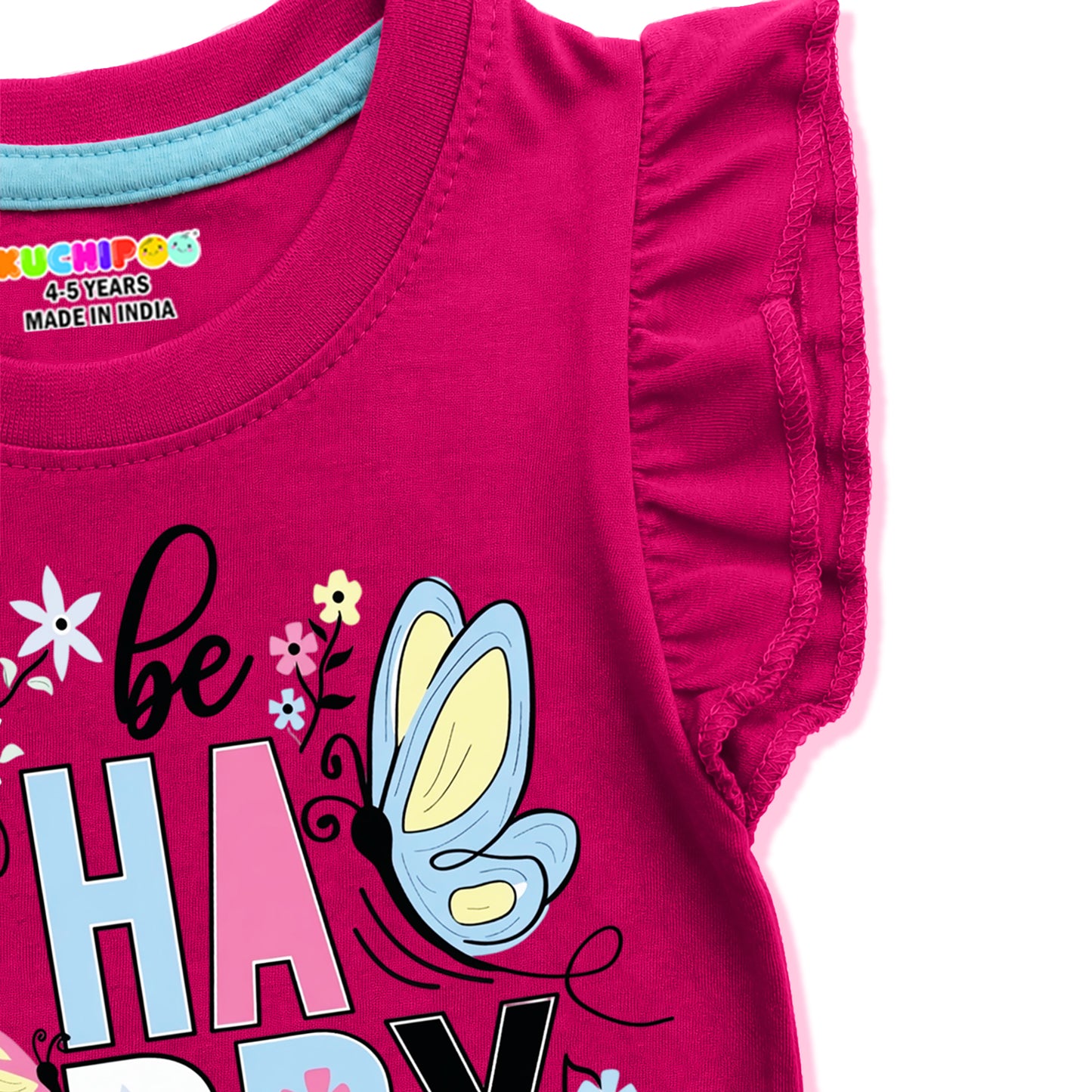Kuchipoo Girls Cotton Printed Frill Sleeve T-Shirts Combo Pack | Casual Graphic Summer Tops for Girls | Pack of 4
