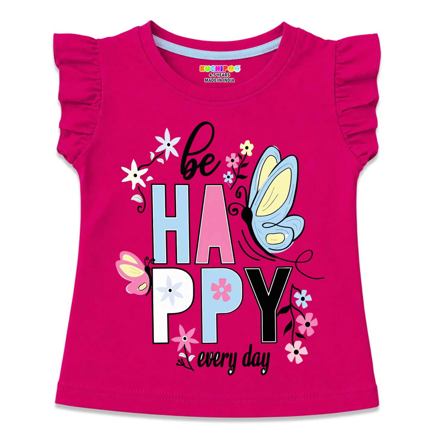 Kuchipoo Girls Cotton Printed Frill Sleeve T-Shirts Combo Pack | Casual Graphic Summer Tops for Girls | Pack of 4