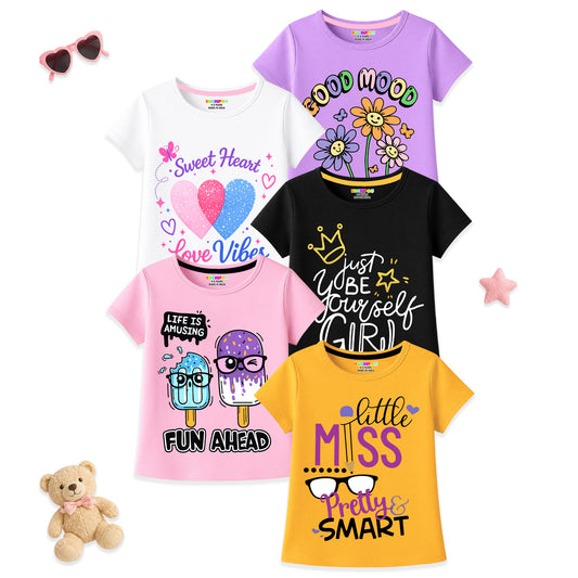 Kuchipoo Girls Cotton Printed T-Shirts | Half Sleeve Round Neck | Soft & Comfortable Casual Wear for Kids | Pack of 5