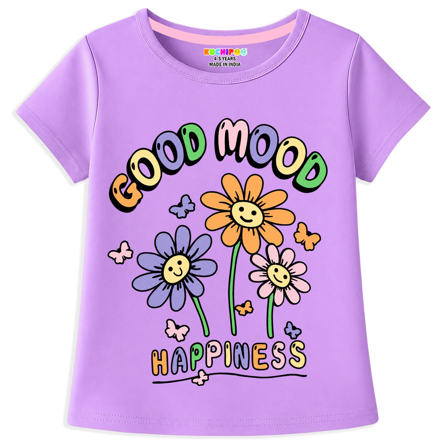Kuchipoo Girls Cotton Printed T-Shirts | Half Sleeve Round Neck | Soft & Comfortable Casual Wear for Kids | Pack of 5