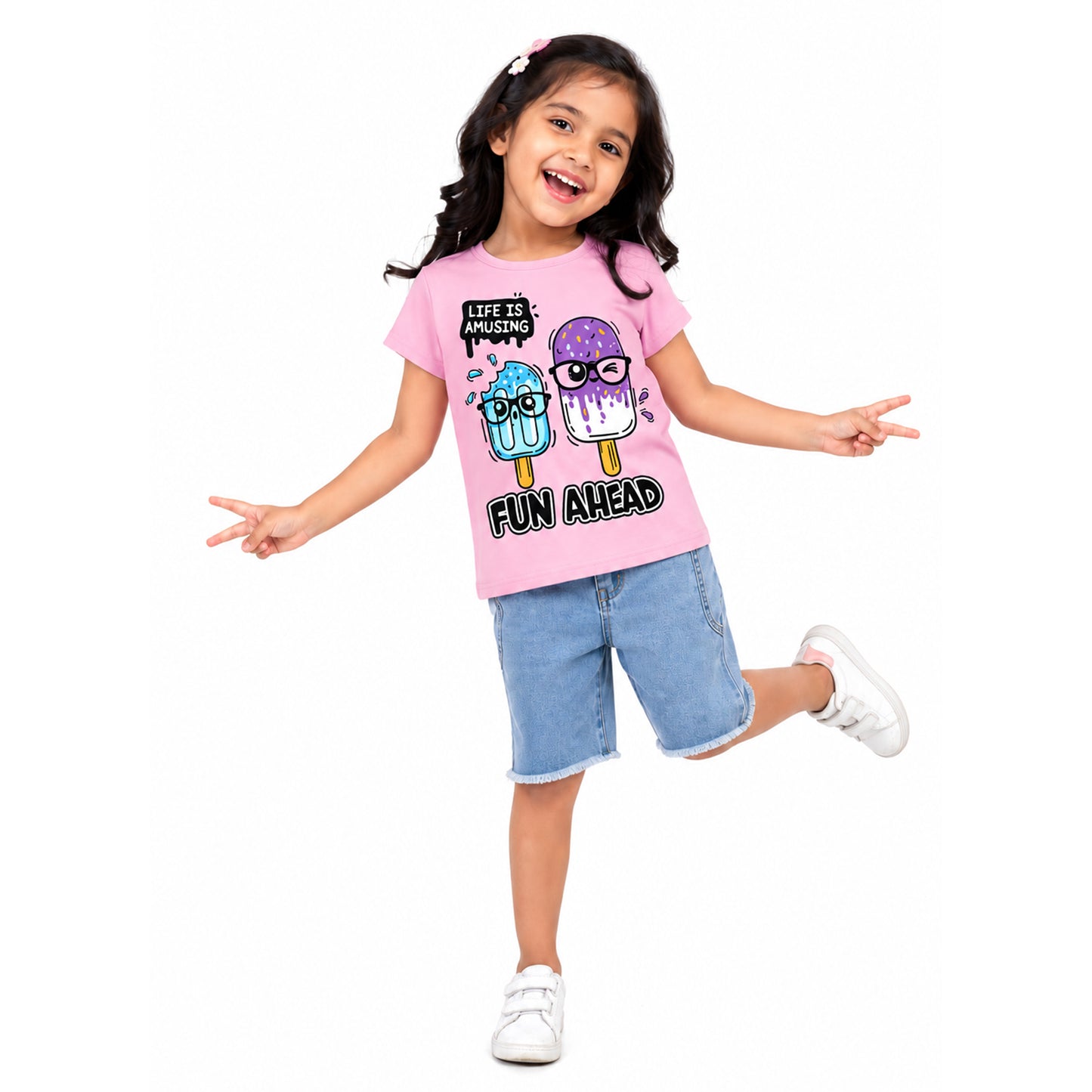 Kuchipoo Girls Cotton Printed T-Shirts | Half Sleeve Round Neck | Soft & Comfortable Casual Wear for Kids | Pack of 5