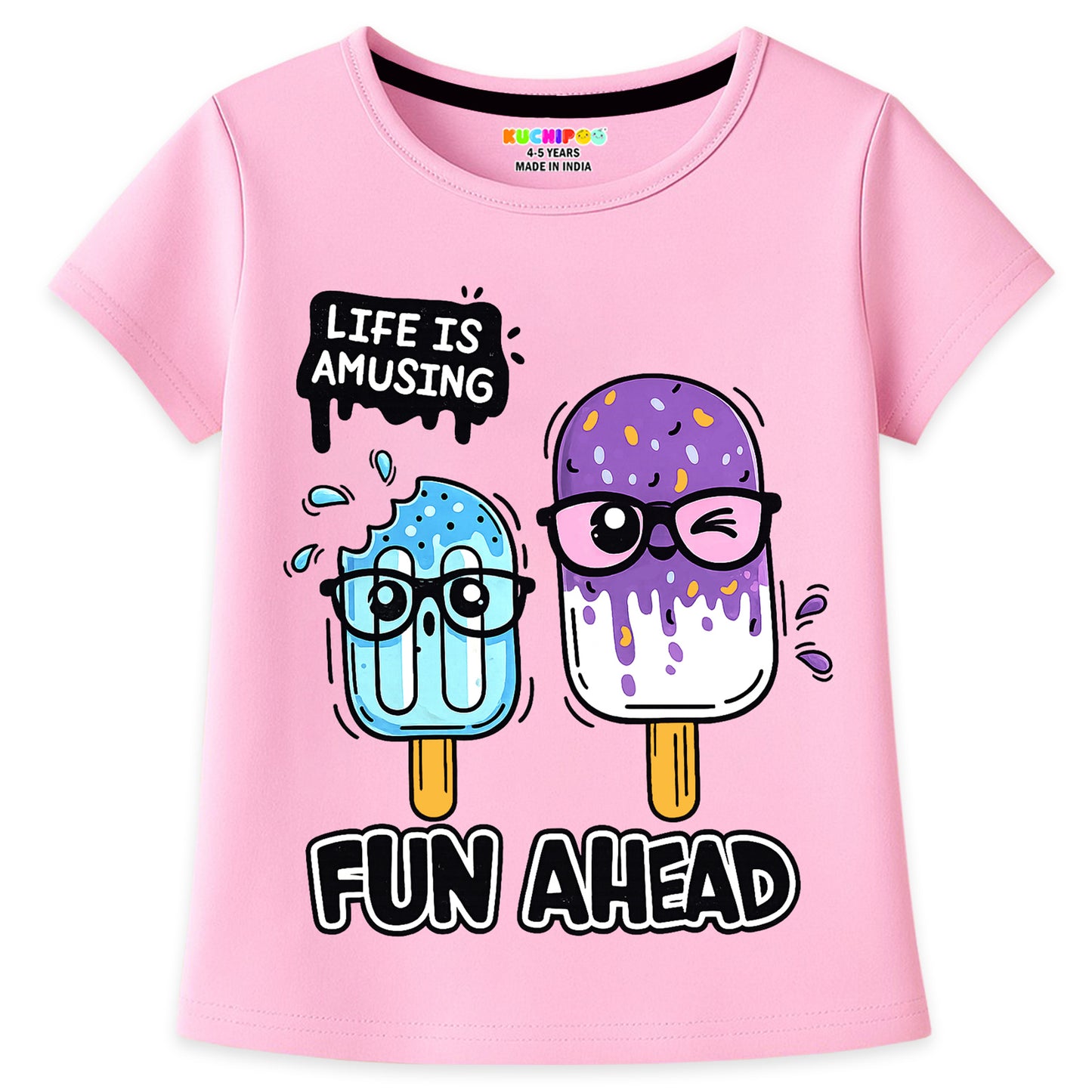 Kuchipoo Girls Cotton Printed T-Shirts | Half Sleeve Round Neck | Soft & Comfortable Casual Wear for Kids | Pack of 5