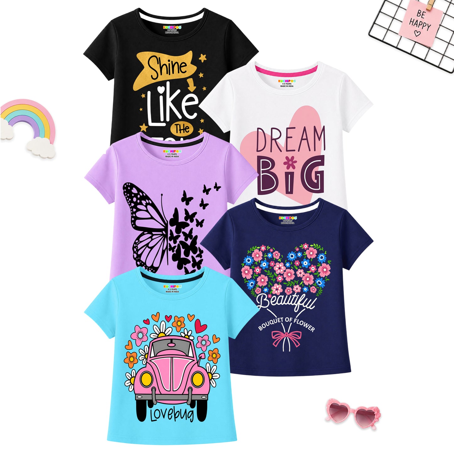 Kuchipoo Girls Cotton Printed T-Shirts | Half Sleeve Round Neck | Soft & Comfortable Casual Wear for Kids | Pack of 5