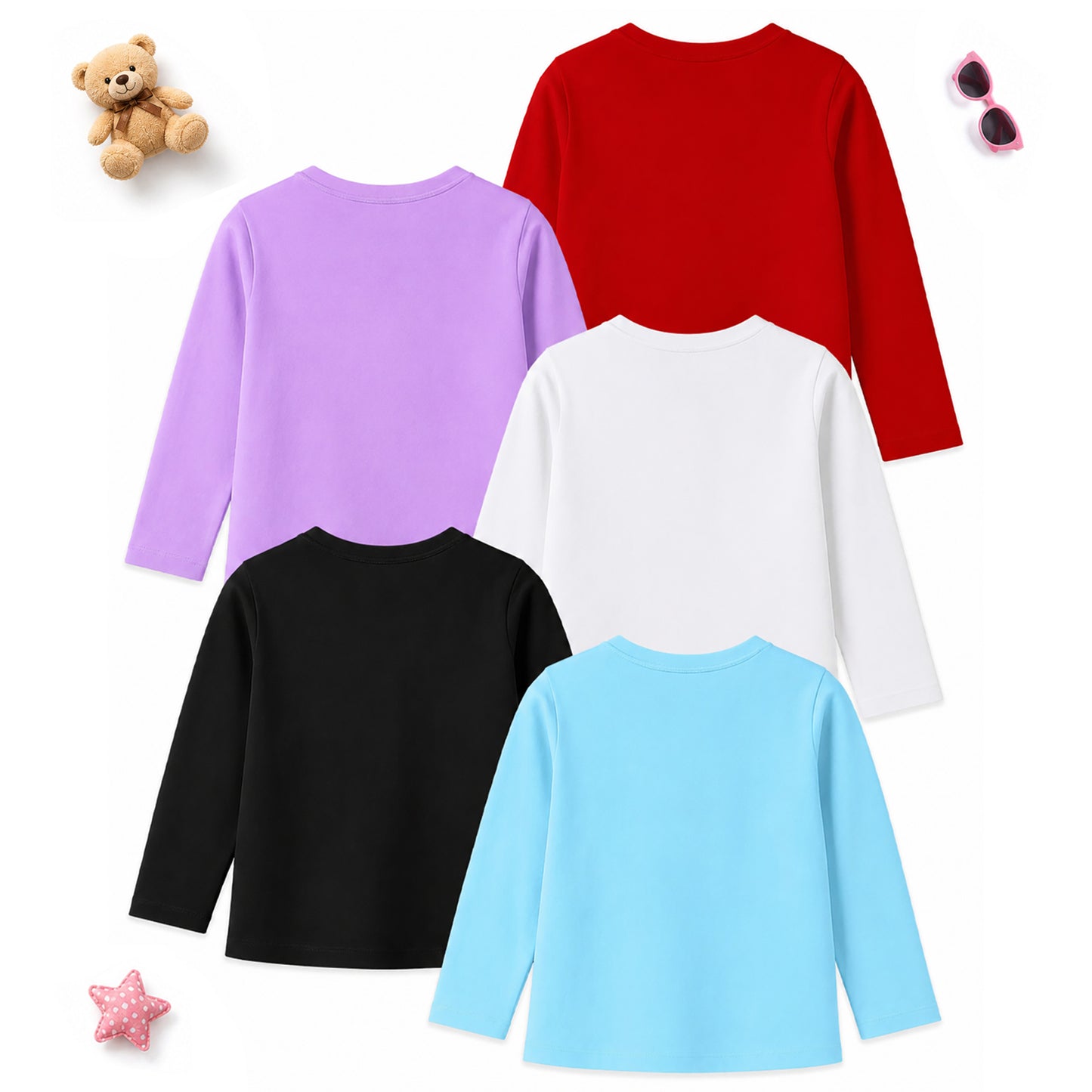 Kuchipoo Girls Cotton Printed T-Shirts | Full Sleeve Round Neck | Soft & Comfortable Casual Wear for Kids | Pack of 5