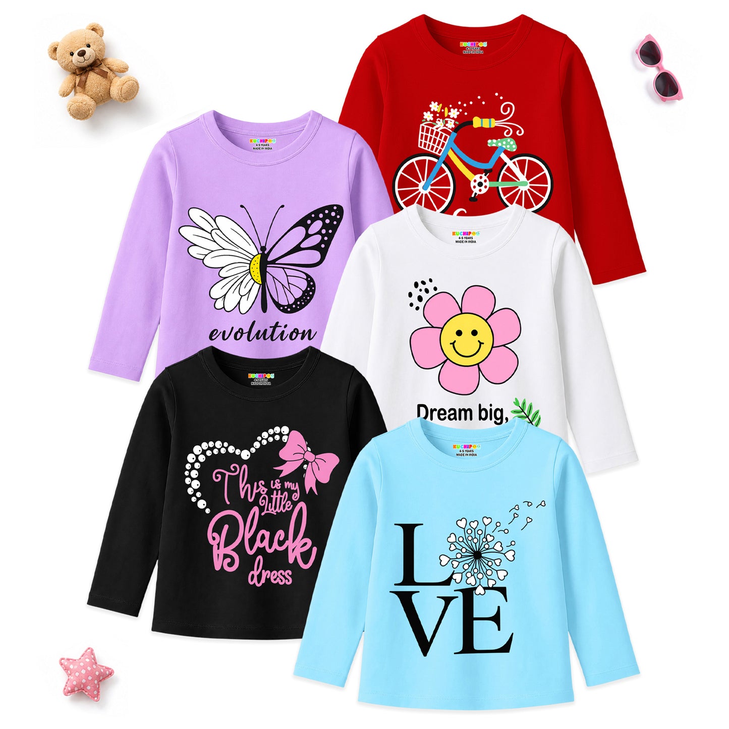 Kuchipoo Girls Cotton Printed T-Shirts | Full Sleeve Round Neck | Soft & Comfortable Casual Wear for Kids | Pack of 5