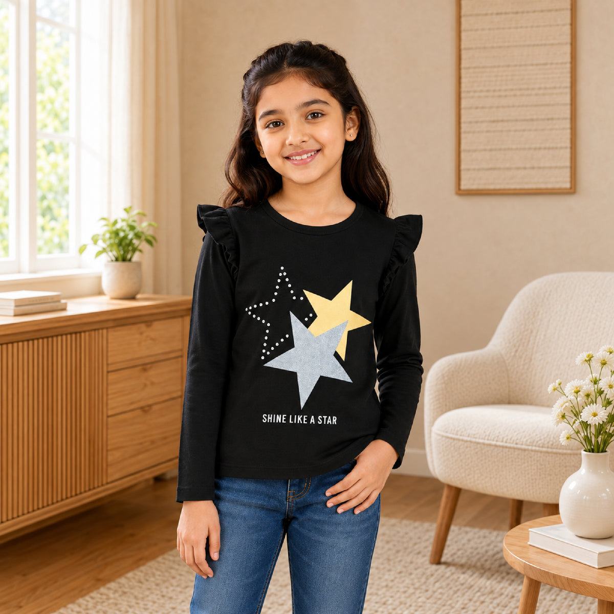 Kuchipoo Girls Cotton Printed T-Shirts | Full Sleeves with Frill Shoulders | Soft & Comfortable Casual Wear for Kids | Pack of 4