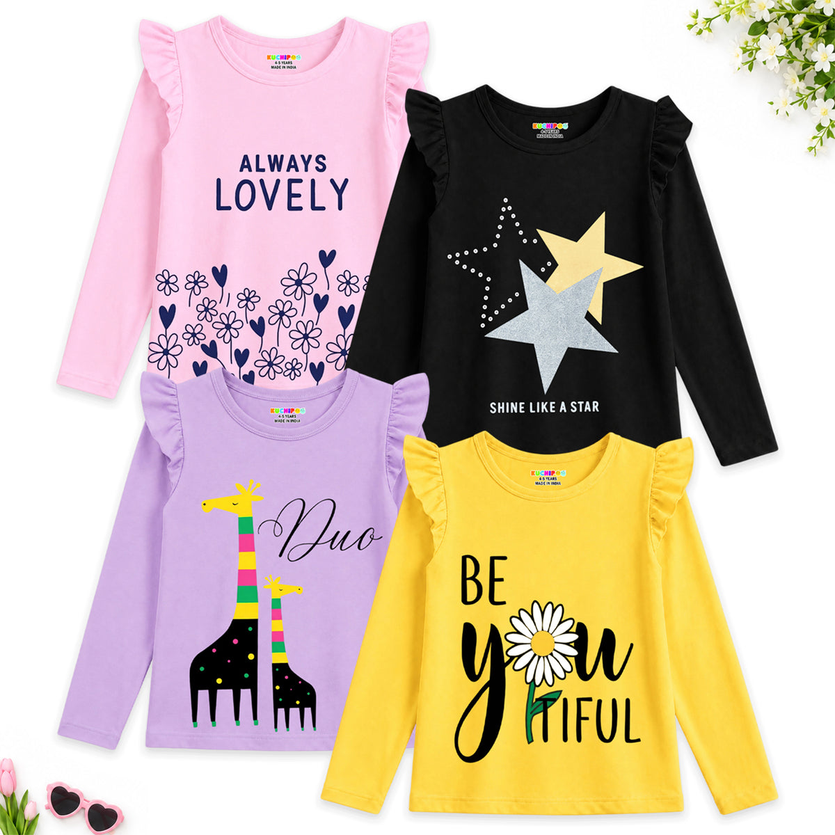 Kuchipoo Girls Cotton Printed T-Shirts | Full Sleeves with Frill Shoulders | Soft & Comfortable Casual Wear for Kids | Pack of 4