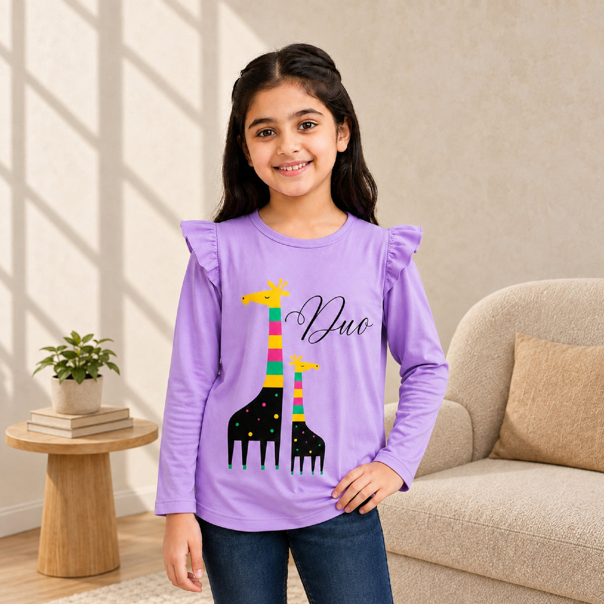 Kuchipoo Girls Cotton Printed T-Shirts | Full Sleeves with Frill Shoulders | Soft & Comfortable Casual Wear for Kids | Pack of 4