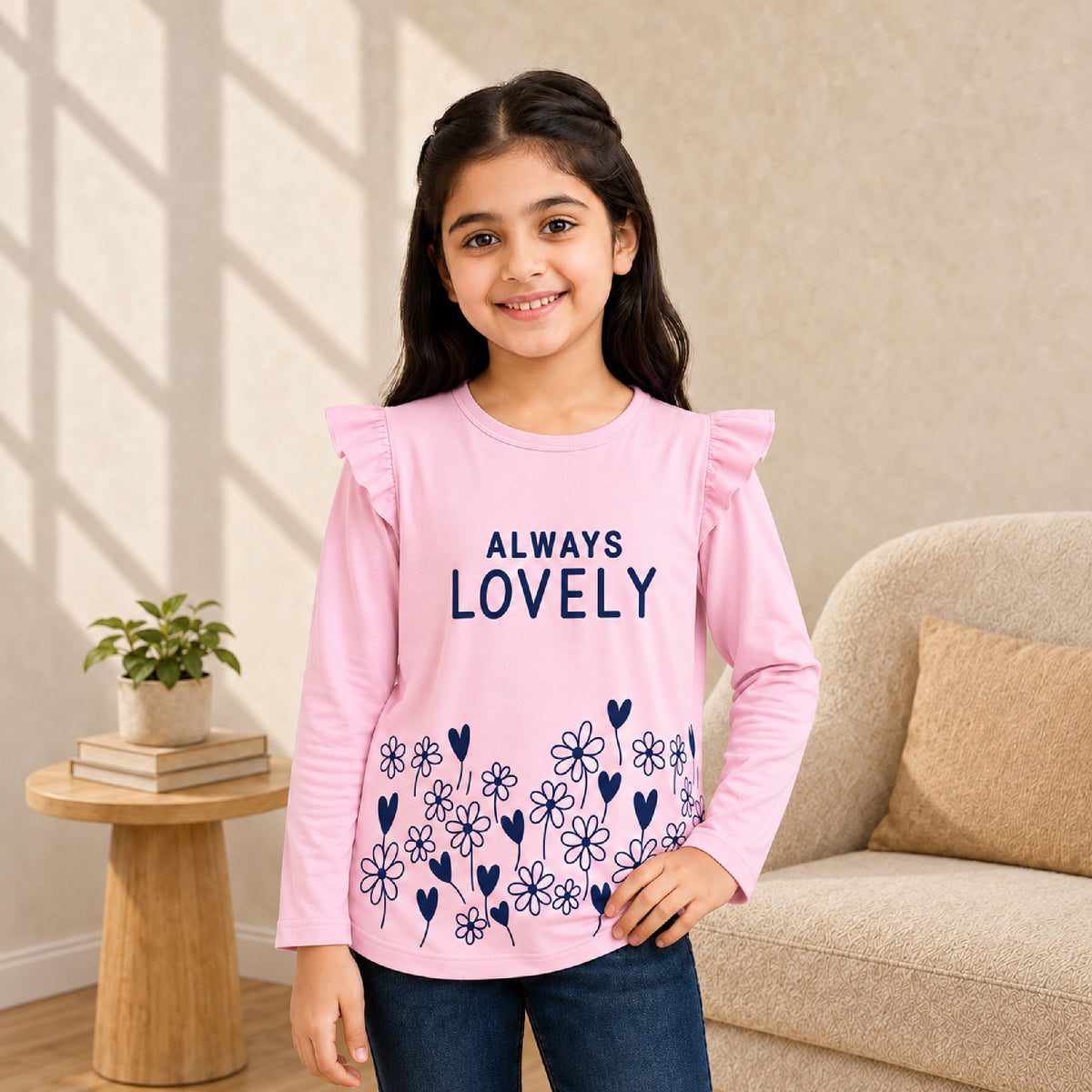 Kuchipoo Girls Cotton Printed T-Shirts | Full Sleeves with Frill Shoulders | Soft & Comfortable Casual Wear for Kids | Pack of 4