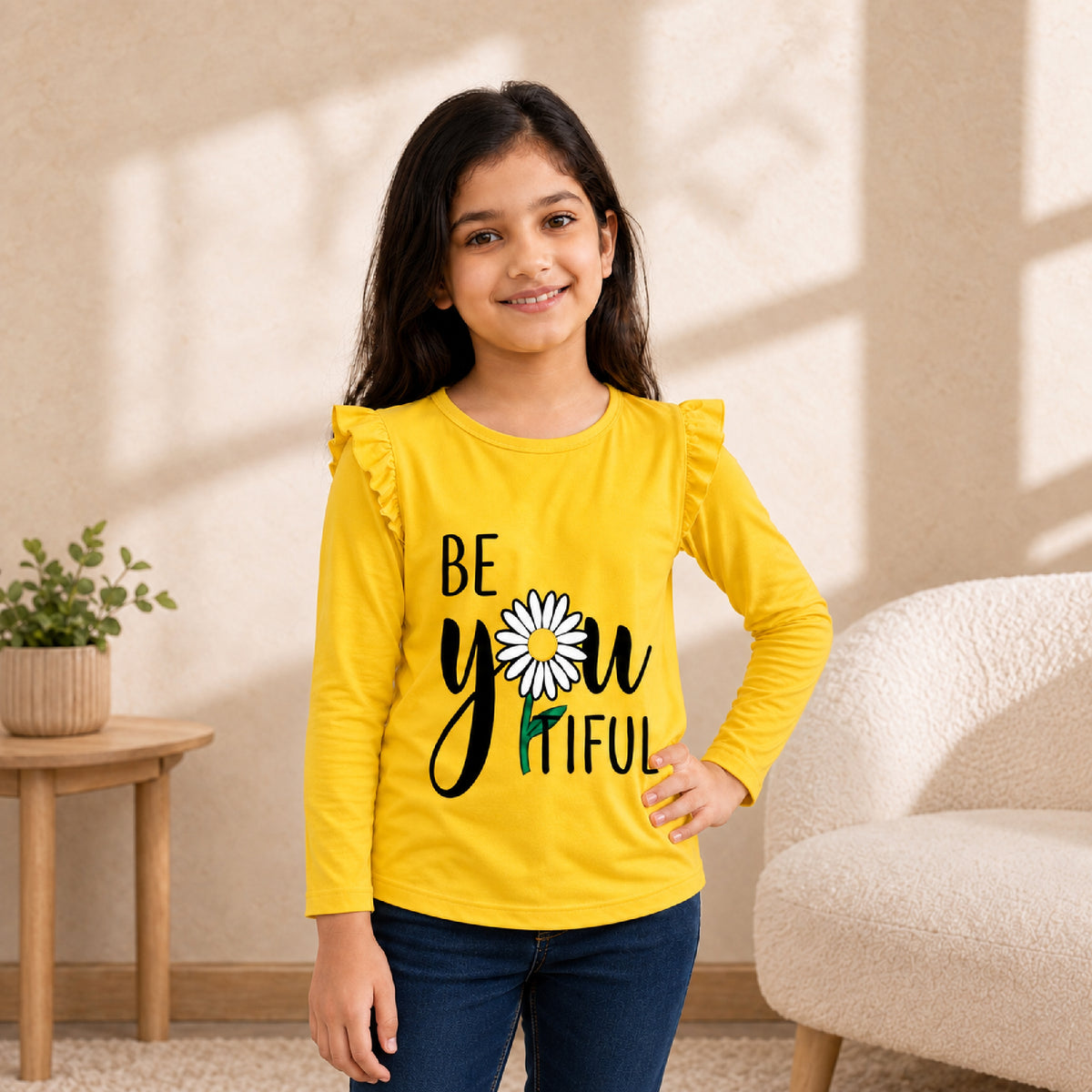 Kuchipoo Girls Cotton Printed T-Shirts | Full Sleeves with Frill Shoulders | Soft & Comfortable Casual Wear for Kids | Pack of 4