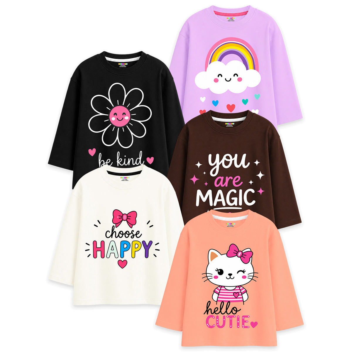 Kuchipoo Baby Girls Cotton Printed T-Shirts | Full Sleeve Round Neck | Soft & Comfortable Casual Wear for Kids | Pack of 5