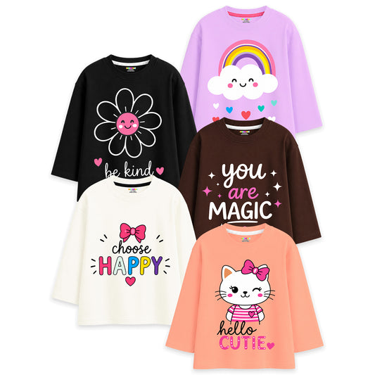 Kuchipoo Baby Girls Cotton Printed T-Shirts | Full Sleeve Round Neck | Soft & Comfortable Casual Wear for Kids | Pack of 5