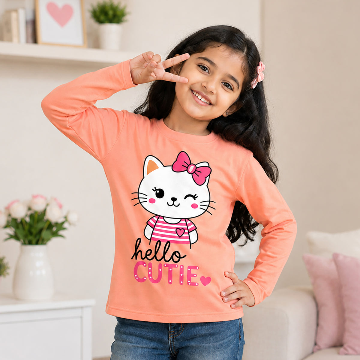 Kuchipoo Baby Girls Cotton Printed T-Shirts | Full Sleeve Round Neck | Soft & Comfortable Casual Wear for Kids | Pack of 5
