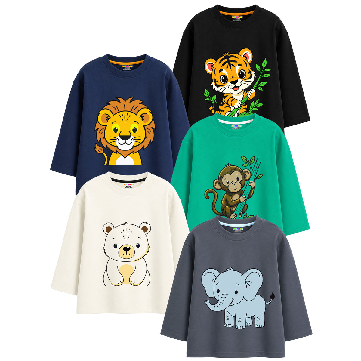 Kuchipoo Baby Boys Cotton Printed T-Shirts | Full Sleeve Round Neck | Soft & Comfortable Casual Wear for Kids | Pack of 5