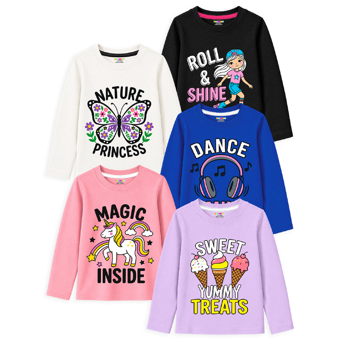Kuchipoo Girls Cotton Solid T-Shirts | Full Sleeve Round Neck | Soft & Comfortable Casual Wear for Kids | Pack of 5 (Copy)