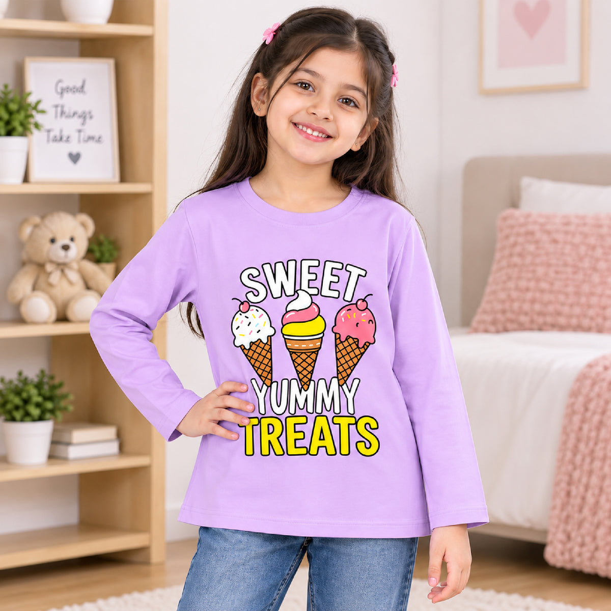 Kuchipoo Girls Cotton Solid T-Shirts | Full Sleeve Round Neck | Soft & Comfortable Casual Wear for Kids | Pack of 5 (Copy)